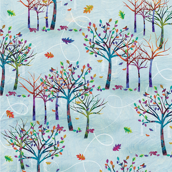 Ткань хлопок пэчворк разноцветные голубой, птицы и бабочки природа, Studio E (арт. 249591)