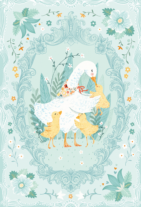 Ткань хлопок пэчворк бирюзовый, птицы и бабочки цветы детская тематика, Studio E (арт. 249612)