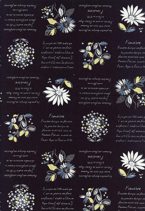 Ткань хлопок пэчворк белый черный, надписи цветы, Lecien (арт. 231784)