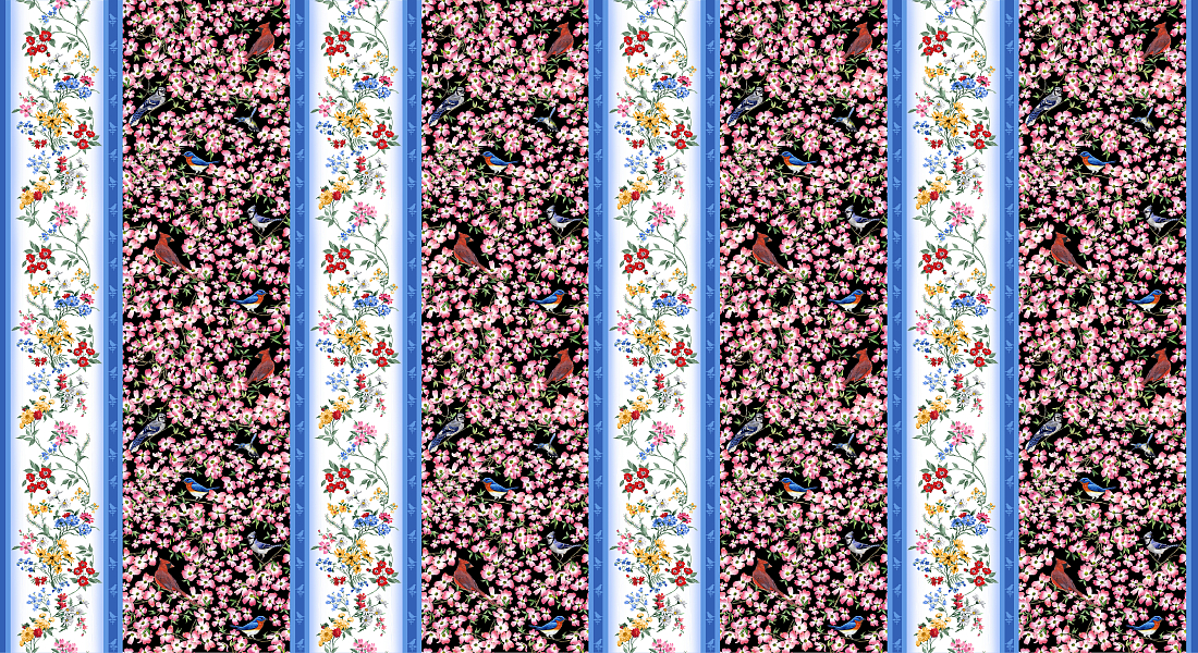Ткань хлопок пэчворк разноцветные, птицы и бабочки цветы бордюры пейсли, Blank Quilting (арт. 237353)