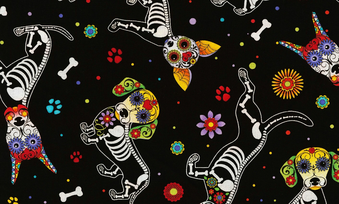 Ткань хлопок пэчворк черный разноцветные, необычные собаки, Timeless Treasures (арт. 254700)