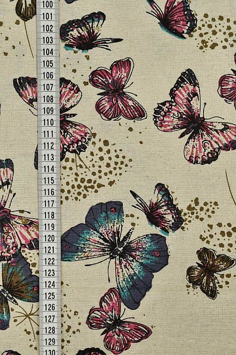 Ткань лен домашний текстиль бежевый разноцветные, птицы и бабочки, ALFA C (арт. )