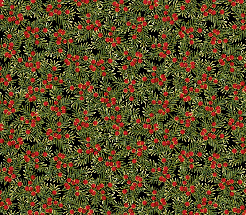 Ткань хлопок пэчворк черный зеленый красный, новый год флора, Benartex (арт. )