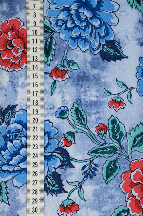 Ткань хлопок пэчворк красный голубой, цветы, ALFA (арт. 225720)