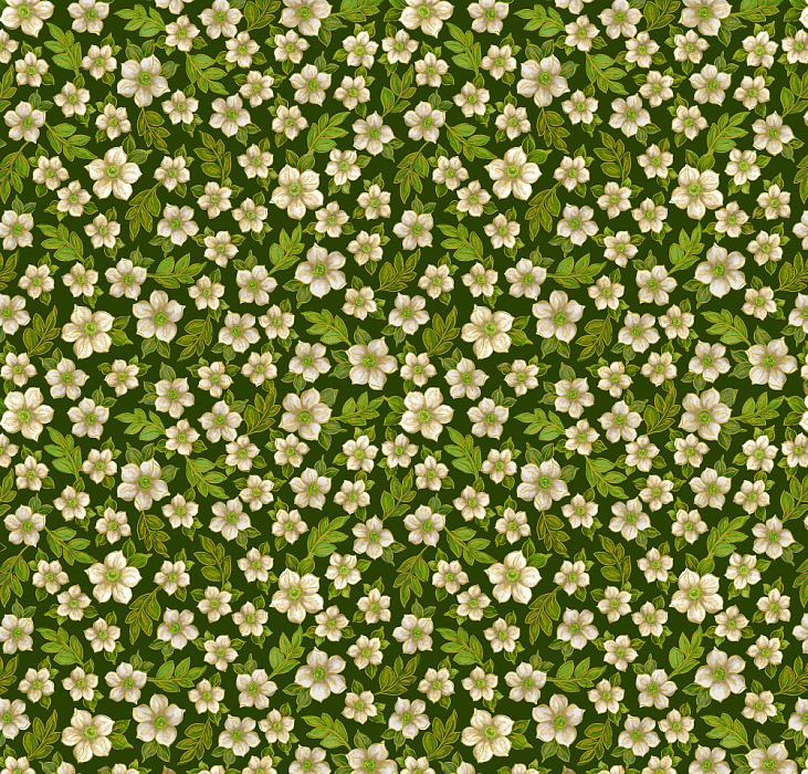 Ткань хлопок пэчворк зеленый белый, цветы флора, Benartex (арт. )