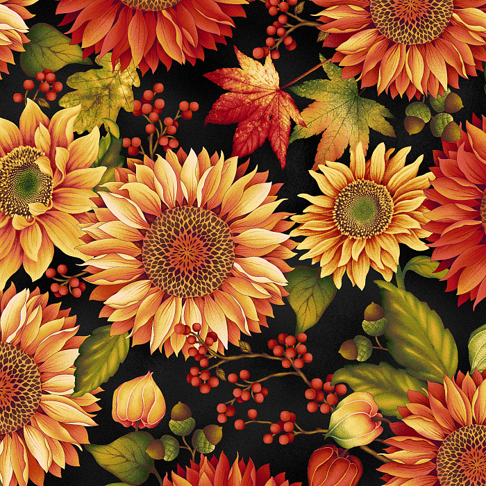 Ткань хлопок пэчворк черный разноцветные оранжевый, цветы осень, Henry Glass (арт. 249457)