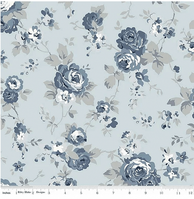 Ткань хлопок пэчворк голубой, цветы розы, Riley Blake (арт. C9600-DUSK)