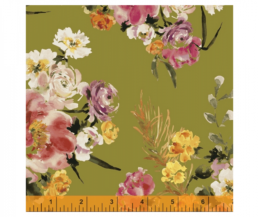 Ткань хлопок пэчворк болотный розовый желтый, цветы, Windham Fabrics (арт. )