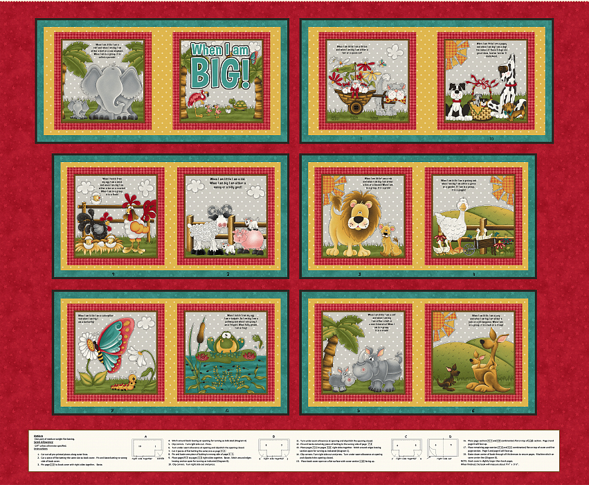 Ткань хлопок пэчворк красный разноцветные, птицы и бабочки ферма животные, Henry Glass (арт. 237146)