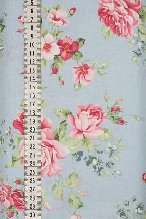 Ткань хлопок пэчворк зеленый розовый голубой, цветы розы, ALFA (арт. 232157)