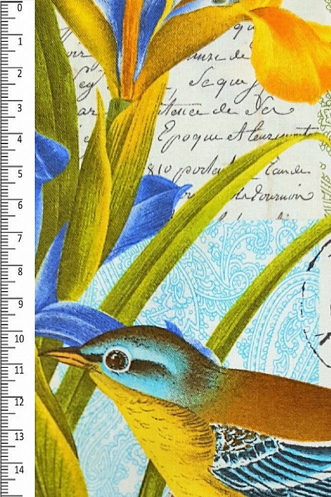 Ткань хлопок пэчворк желтый голубой, птицы и бабочки природа, Michael Miller (арт. )