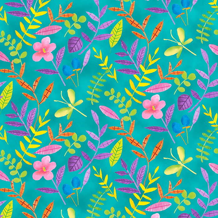 Ткань хлопок пэчворк разноцветные бирюзовый, птицы и бабочки цветы, Blank Quilting (арт. 249688)