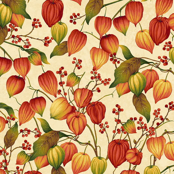 Ткань хлопок пэчворк зеленый оранжевый, цветы осень, Henry Glass (арт. 249465)