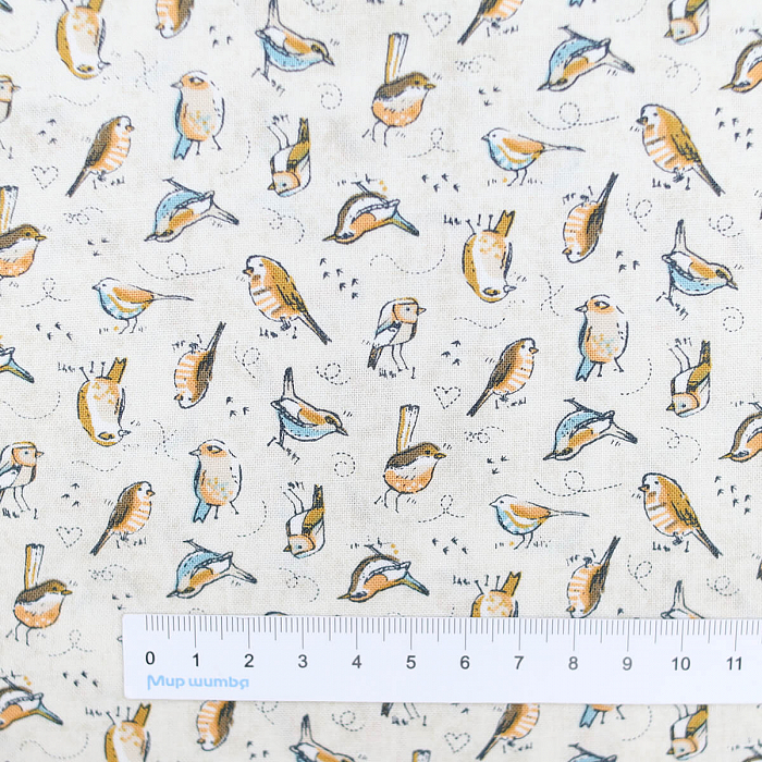Ткань хлопок пэчворк разноцветные, птицы и бабочки, Moda (арт. 30705 11)