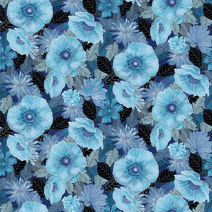 Ткань хлопок пэчворк черный голубой, цветы, Benartex (арт. )