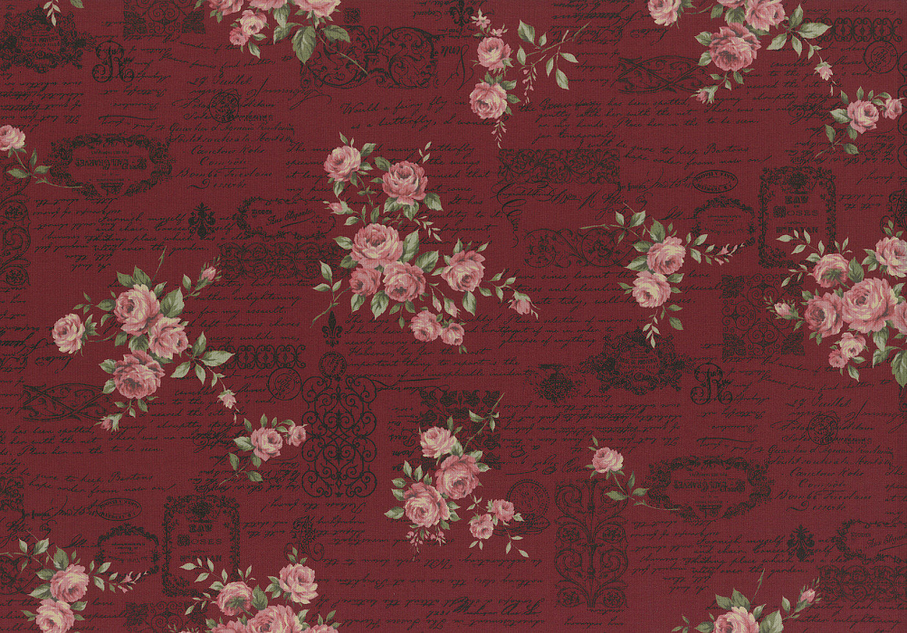Ткань хлопок пэчворк зеленый розовый черный бордовый, надписи цветы завитки винтаж розы, Lecien (арт. 231707)