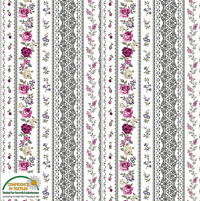 Ткань хлопок пэчворк серый, цветы бордюры, Stof (арт. 4501-356)