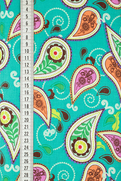 Ткань хлопок пэчворк разноцветные бирюзовый, цветы пейсли, ALFA (арт. AL-7084)