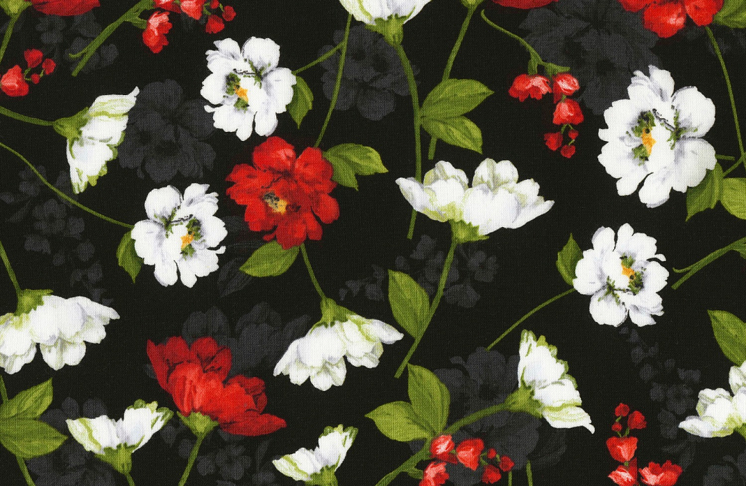 Ткань хлопок пэчворк красный зеленый белый черный, цветы, Timeless Treasures (арт. 254674)
