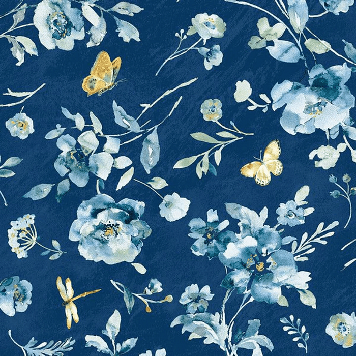 Ткань хлопок пэчворк синий, птицы и бабочки цветы, Wilmington Prints (арт. 1077-89247-445)