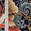 Ткань хлопок пэчворк синий разноцветные, птицы и бабочки восточные мотивы, ALFA (арт. 229706)