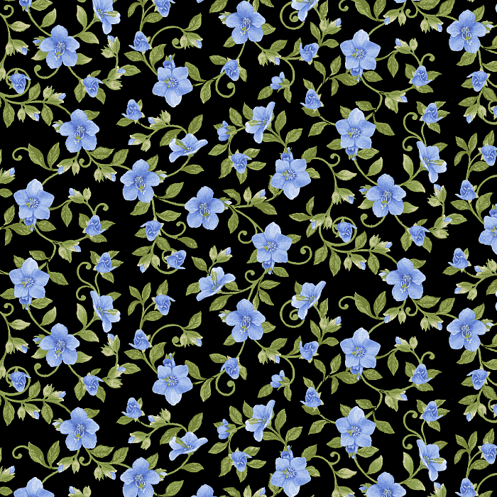 Ткань хлопок пэчворк черный голубой, цветы, Henry Glass (арт. 253128)