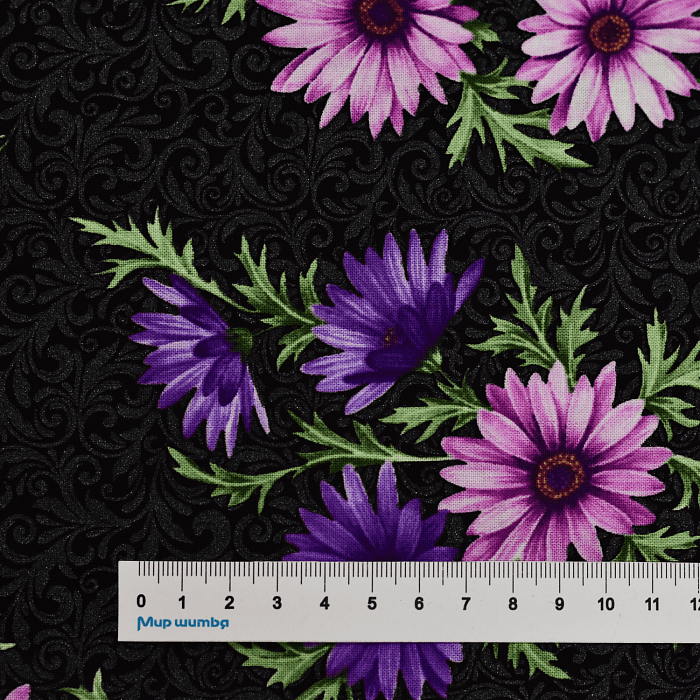 Ткань хлопок пэчворк черный, цветы завитки, Benartex (арт. 10420P12B)