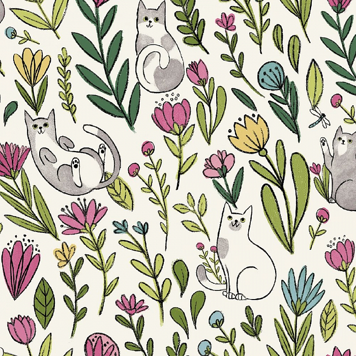Ткань хлопок пэчворк разноцветные, цветы коты и кошки, Windham Fabrics (арт. )