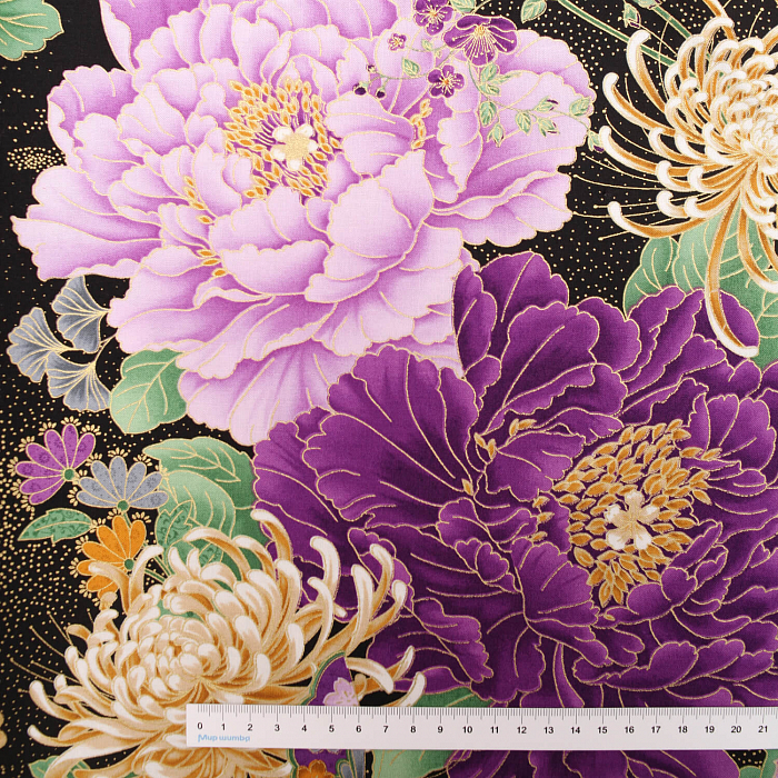 Ткань хлопок пэчворк фиолетовый, цветы восточные мотивы, Timeless Treasures (арт. PANEL-CM8808-BLACK)