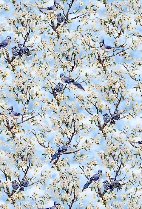 Ткань хлопок пэчворк синий белый голубой, птицы и бабочки фактура, Blank Quilting (арт. 237349)