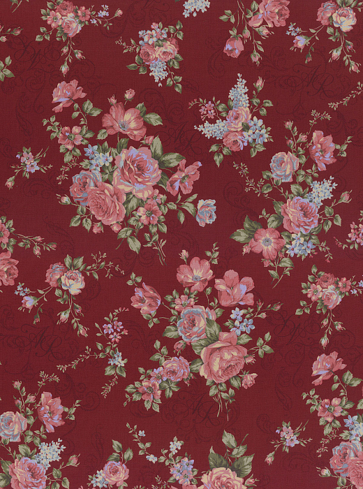 Ткань хлопок пэчворк зеленый розовый бордовый, цветы завитки розы, Lecien (арт. 231700)