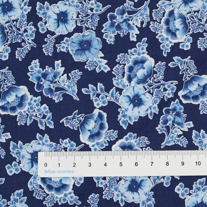 Ткань хлопок пэчворк синий, цветы, Benartex (арт. 1344655B)
