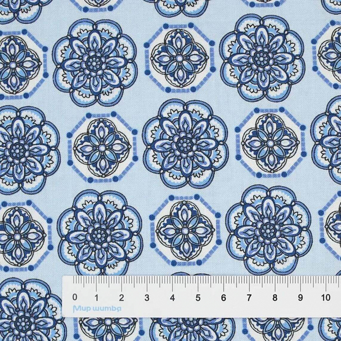 Ткань хлопок пэчворк голубой, геометрия восточные мотивы, Benartex (арт. 1344705B)