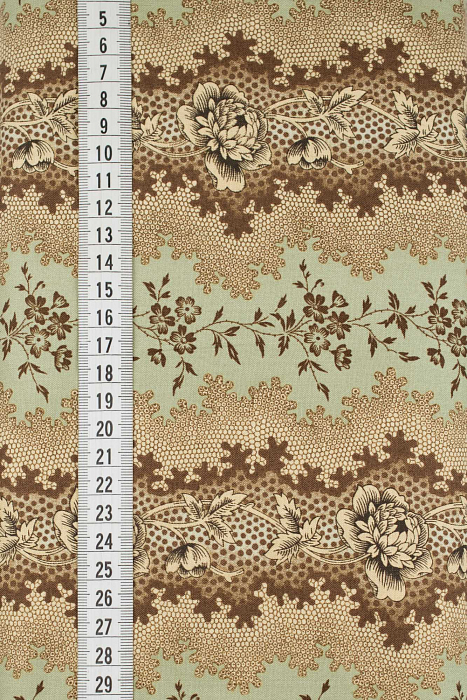 Ткань хлопок пэчворк коричневый, полоски цветы бордюры, ALFA (арт. 234801)