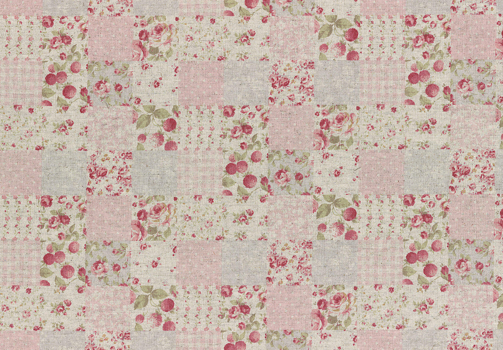Ткань хлопок пэчворк зеленый розовый бежевый, ложный пэчворк цветы клетка, Lecien (арт. 231744)