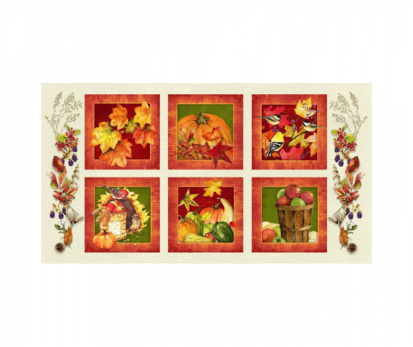 Ткань хлопок пэчворк оранжевый, птицы и бабочки овощи осень, Studio E (арт. 5737-43)