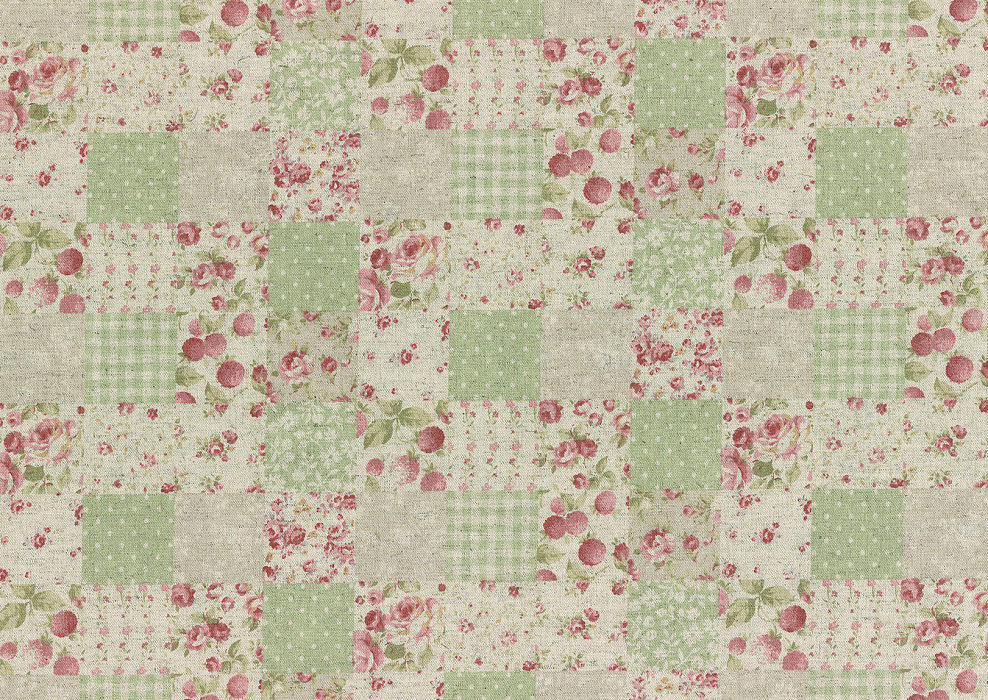 Ткань хлопок пэчворк зеленый розовый, ложный пэчворк цветы клетка, Lecien (арт. 231746)