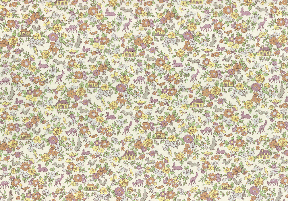 Ткань хлопок пэчворк желтый розовый, мелкий цветочек цветы животные, Lecien (арт. 231663)