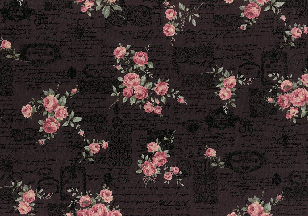 Ткань хлопок пэчворк зеленый розовый черный коричневый, надписи цветы завитки винтаж розы, Lecien (арт. 231711)
