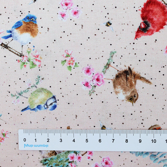 Ткань хлопок пэчворк разноцветные, птицы и бабочки, Maywood Studio (арт. MASD10104-P)