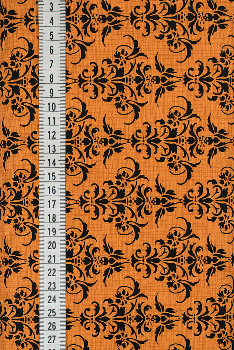 Ткань хлопок пэчворк черный оранжевый, завитки батик, ALFA (арт. 232306)