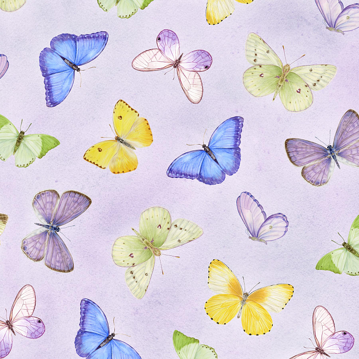 Ткань хлопок пэчворк разноцветные сиреневый, птицы и бабочки, Henry Glass (арт. 216099)