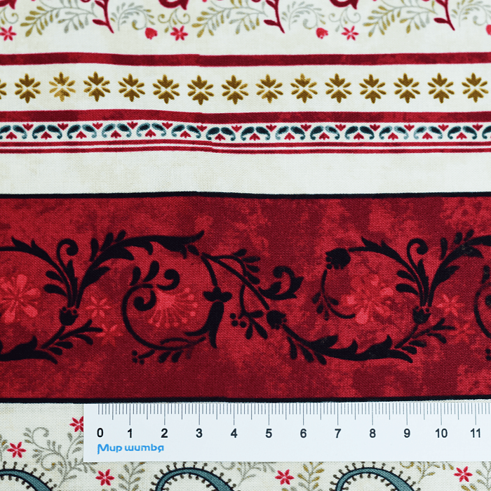 Ткань хлопок пэчворк красный, полоски бордюры пейсли, Studio E (арт. 5462-33)