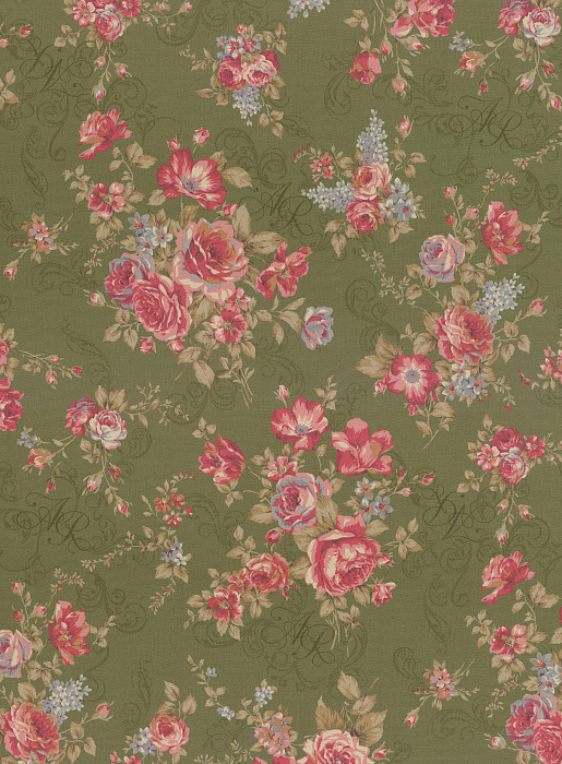 Ткань хлопок пэчворк зеленый розовый, цветы завитки розы, Lecien (арт. 231701)