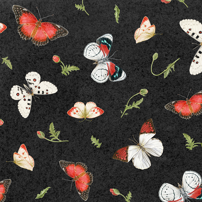 Ткань хлопок пэчворк красный белый черный, птицы и бабочки, Henry Glass (арт. 237081)