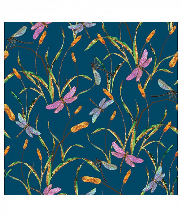 Ткань хлопок пэчворк синий, птицы и бабочки цветы флора, Blank Quilting (арт. 1631-76)