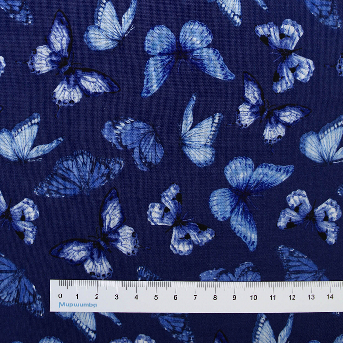 Ткань хлопок пэчворк синий, птицы и бабочки, Blank Quilting (арт. 1725-77)
