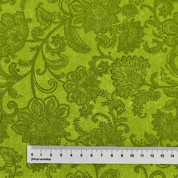 Ткань хлопок пэчворк зеленый, цветы завитки пейсли флора, Benartex (арт. 10216-42)