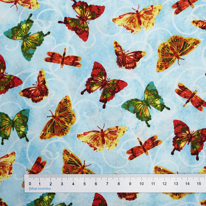 Ткань хлопок пэчворк голубой, птицы и бабочки, Studio E (арт. 5414-11)