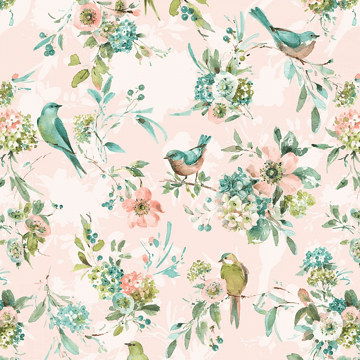 Ткань хлопок пэчворк розовый, птицы и бабочки цветы, Wilmington Prints (арт. 3041-17765-374)